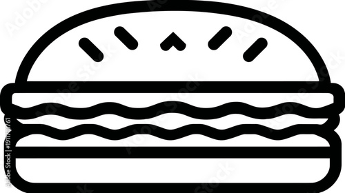 A simplified, line-art illustration of a layered sandwich, possibly a burger