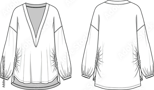 Technical flat sketch of a women's long sleeve V-neck tunic top with side ruching and drop shoulders, fashion design vector template