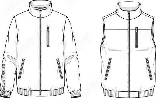 Technical flat sketch of a men's zip-up bomber jacket and matching puffer vest with zippered pockets, fashion design vector template