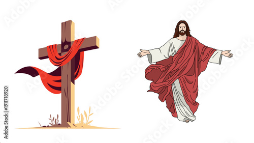 Risen Jesus Christ with open arms standing next to the empty wooden cross with a red shroud.