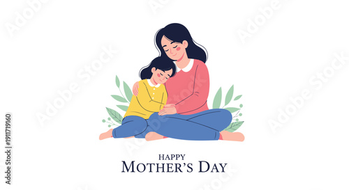 Mother and child sitting together celebrating Happy Mother's Day with leaves around them