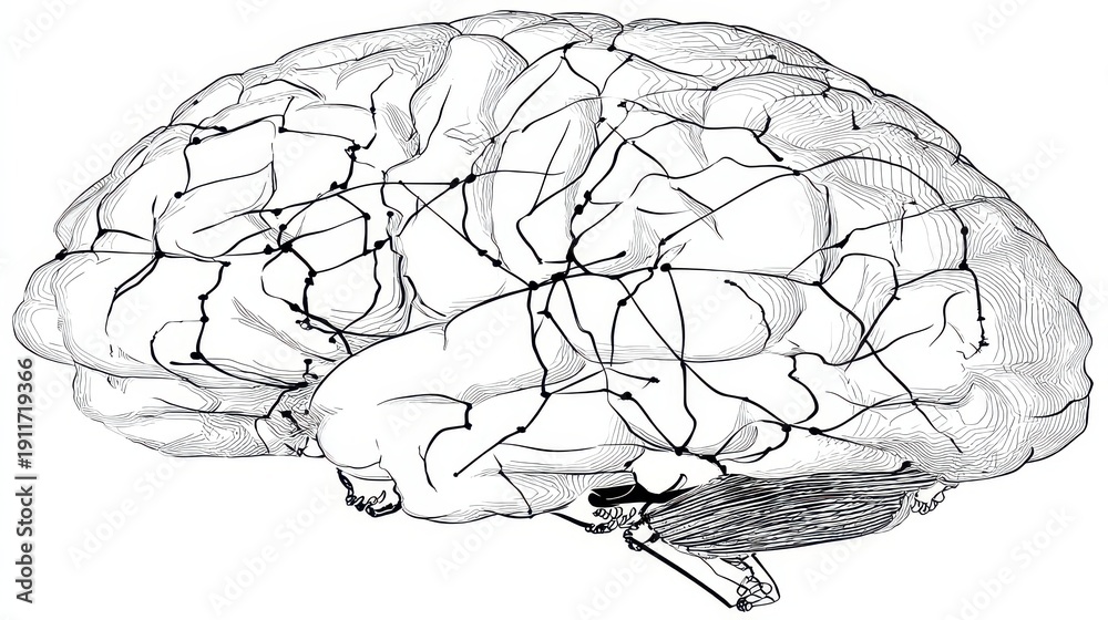 Fototapeta premium Human Brain Anatomy Structure Illustration in Black and White with Detailed Folds and Lobes Emphasizing Biological Complexity and Medical Detailing on White Background
