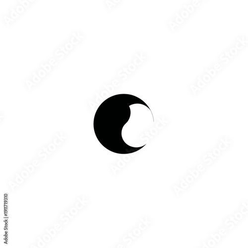 Black and white abstract design of a yin-yang-like shape. A bold, round form against white space