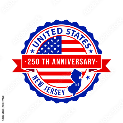 250 Years American Freedom Emblem, New Jersey vector Badge with small state map