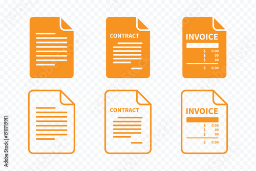 Invoice Contract Document Icons Set. Outline & Solid File Paper Symbols. Business Document Icons Pack. Minimal Office File Icons. Contract and Invoice File Icons. File transfer icons vector Collection