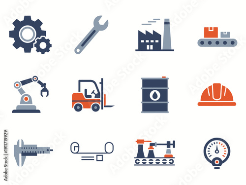 Industrial icons for manufacturing, construction, logistics and engineering processes