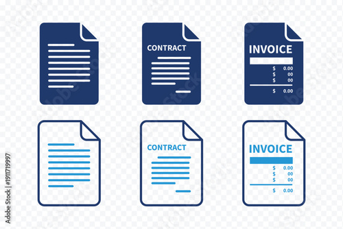 Invoice Contract Document Icons Set. Outline & Solid File Paper Symbols. Business Document Icons Pack. Minimal Office File Icons. Contract and Invoice File Icons. File transfer icons vector Collection