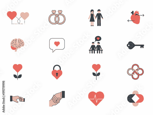 Set of icons representing love, relationships, health, and connection, including hearts, rings, keys, and couples
