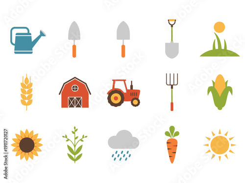 Farming and agriculture icons set including tractor, barn, wheat, carrot, sunflower, watering can, and more