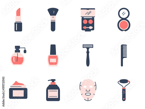 Collection of various cosmetic and beauty care items, presented in a clean, minimalist icon style for easy recognition and use in design projects