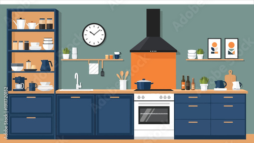 Vibrant Modern Kitchenette with Colorful Appliances and Decor, Vector