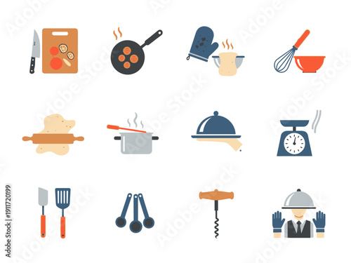 Collection of kitchen and cooking utensils, tools and equipment for food preparation and baking