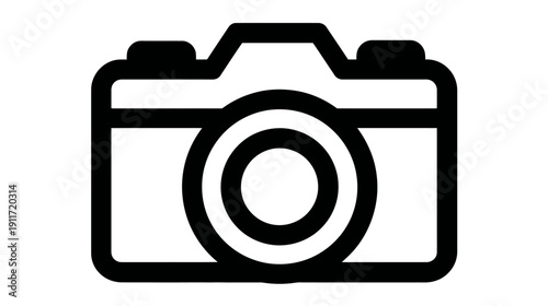 A bold, stylized, black and white icon resembling a camera, conveying photography