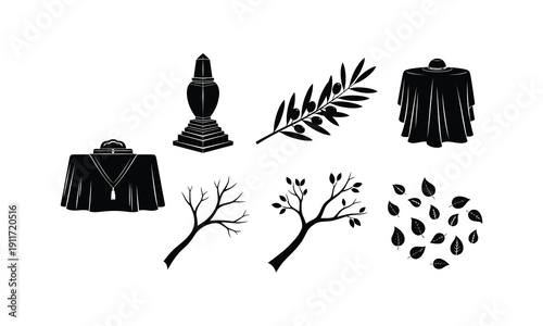 Funeral and mourning vector silhouette illustration, gravestone, table with drape, olive branch and bare trees line art