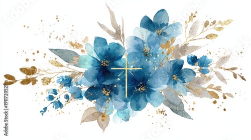 Watercolor Blue Floral Bouquet with Golden Accents and Cross Illustration on White Background for Religious Occasions and Elegant Design