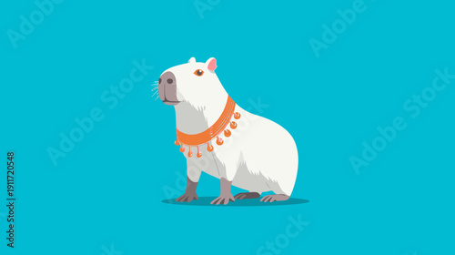 A stylized white rodent with a decorative orange collar sits against a teal blue background