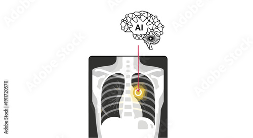 Artificial intelligence analyzing an X-ray image of the human chest, highlighting a potential anomaly in the lung area for medical diagnosis.