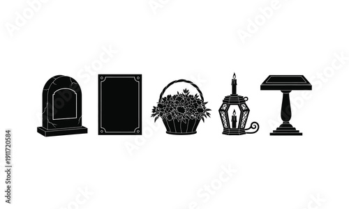 Funeral equipment and memorial objects set with tombstone and lantern vector illustration