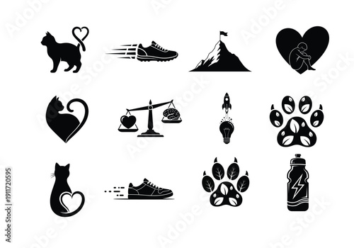 Personal growth and mental wellness icon set, cat and heart silhouette. Minimalist icons representing self-care, goal achievement, mental health balance, and pet love themes.