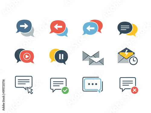 Collection of communication and messaging icons including chat bubbles, email, and media controls