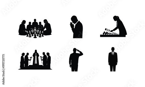 Mourning people silhouette vector collection showing funeral ceremony and grieving rituals