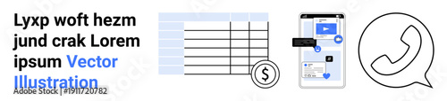 Financial planning, digital communication, business workflow, technology solutions, personal finance, mobile apps. Spreadsheet with dollar icon, messaging app interface phone icon. Financial