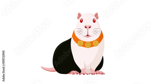 A cartoon illustration of a rodent with a black and white body, orange collar and red eyes
