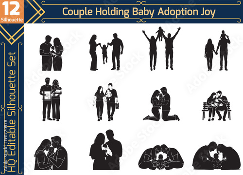 Happy couple holding newly adopted baby silhouette set, celebrating family joy, parenthood, and new beginnings through adoption and foster care love.