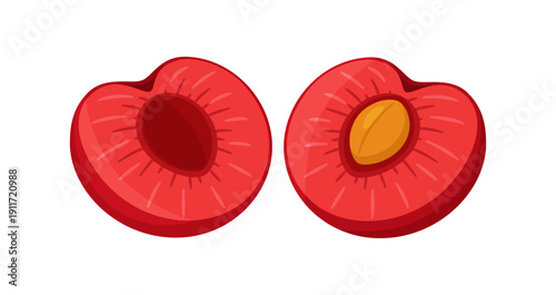 Two cherry halves one with stem and pit, and one without. Hand drawn trendy flat style. Ideal for food design, packaging, menus, stickers, and healthy lifestyle themes. Vector illustration