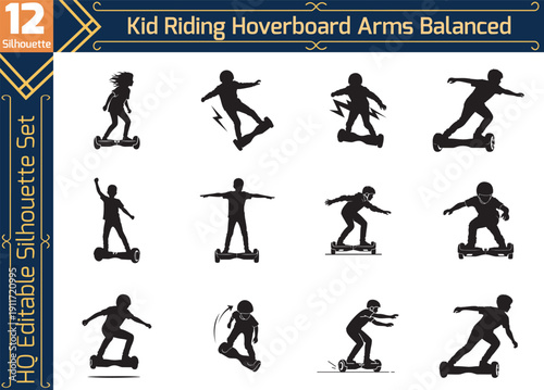 Kid Riding Hoverboard Silhouette Set, Child Balancing on Electric Self-Balancing Scooter with Arms Outstretched, Modern Urban Transport Icons