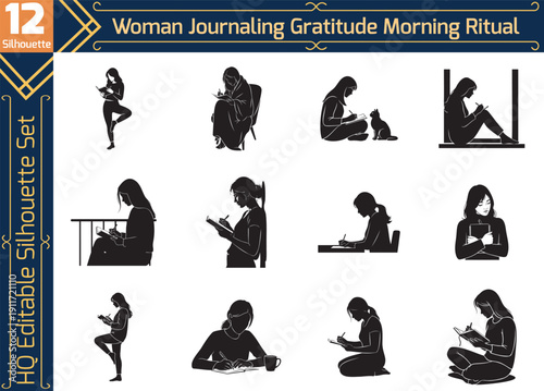 Set of Silhouettes Depicting a Woman Journaling During a Morning Gratitude Ritual, Highlighting Wellness, Self-Care, and Mindful Daily Habits at Home