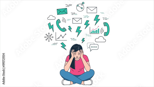 Digital Information Overload Concept Woman Overwhelmed by Data in Flat Cartoon Vector Style