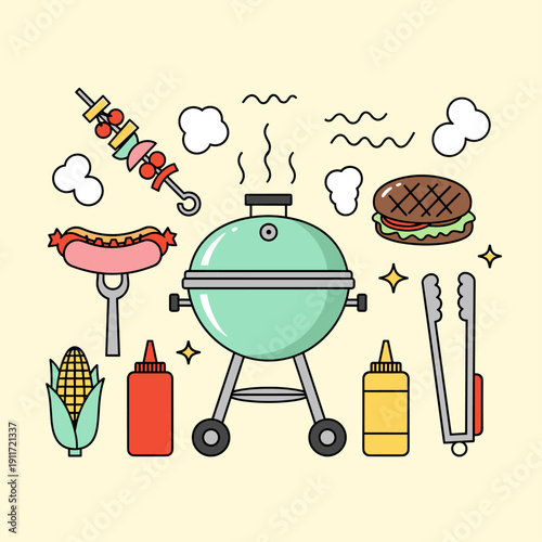 Flat Vector BBQ Grill Party Icon Set