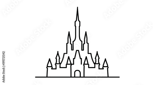 A black outline of a castle, central spire, spires and turrets, on a white background