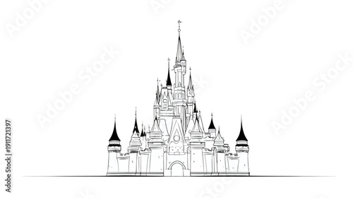 Black and white illustration of a large castle with towers and spires set against a white backdrop