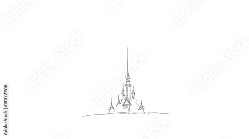 A simple, sketch-style illustration of a castle with a tall central spire against a white background
