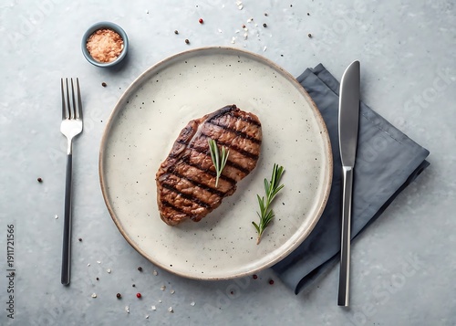 Grilled steak on a plate with rosemary and seasoning ready to eat with knife and fork on a gray table