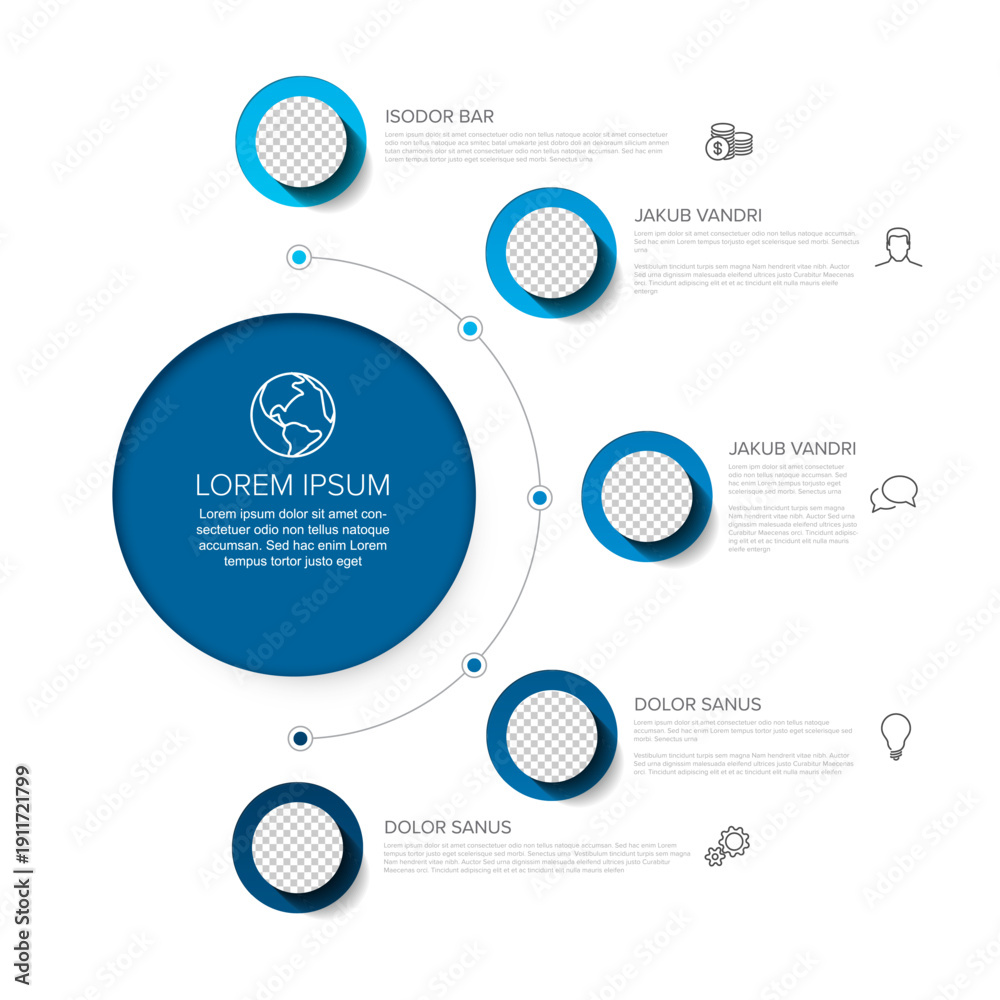 Fototapeta premium This professional infographic template features blue circular photo placeholders elements for data visualization. Use this versatile infographic template to present your complex business data clearly.