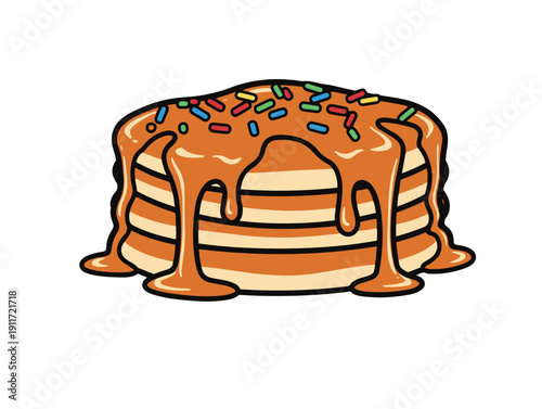 A stack of fluffy pancakes with syrup and sprinkles on top