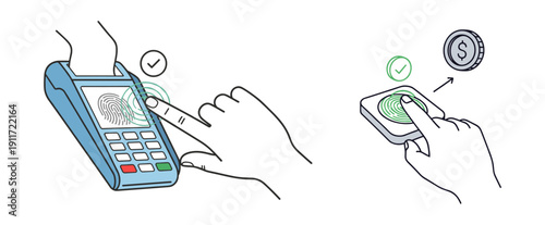 Illustration depicting secure biometric payment methods, including fingerprint authentication on a POS terminal and digital wallet transactions.