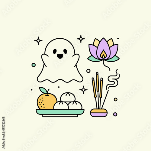 Flat Vector Hungry Ghost Festival Icon Set