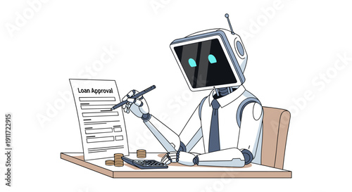 An artificial intelligence robot in a business shirt and tie is diligently reviewing and signing a loan approval document at a desk, symbolizing automated financial processes.