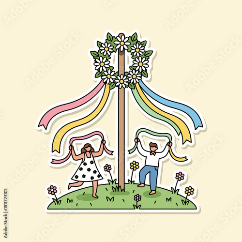Flat Vector May Day Maypole Celebration Scene