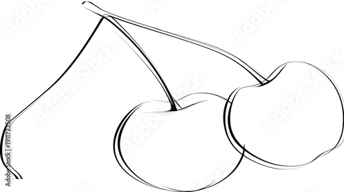 Black and white line art of two cherries and their stems against a plain white background