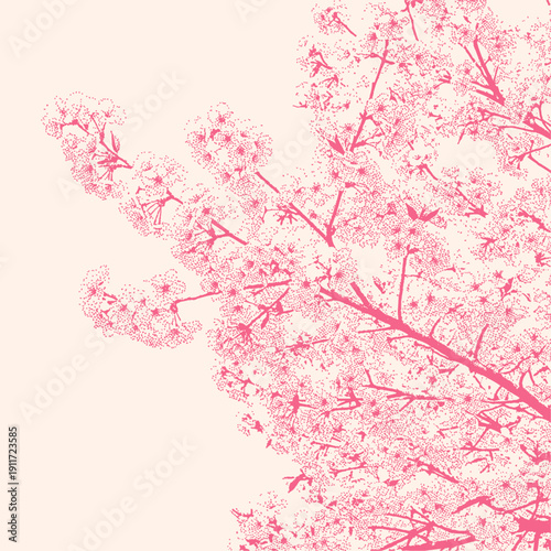 pink cherry blossom tree branches, sakura illustration in retro stipple effect halftone style