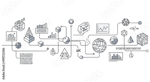 Intricate digital network illustration depicting data flow, analytics, and interconnected technological concepts with various geometric shapes and graphs.
