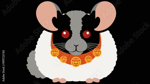 A fluffy rodent with large ears, wearing a red collar adorned with golden coin charms, against black backdrop
