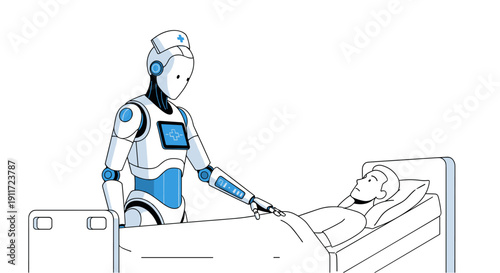 An advanced humanoid robot nurse provides compassionate care to a male patient resting comfortably in a hospital bed, illustrating future healthcare.