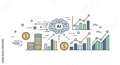 Artificial intelligence brain analyzing financial data, market trends, and investment growth with coins and bar graphs on a white background.