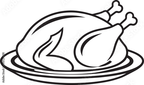 Roast Turkey or Chicken on Platter Black and White Line Drawing Illustration